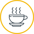 An icon of a cup with steam coming out surrounded by a yellow circular border