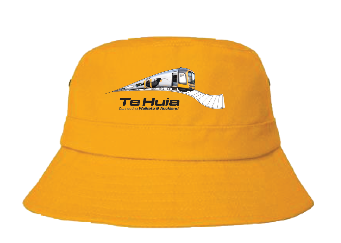 A photo of a yellow bucket hat with a train on the front