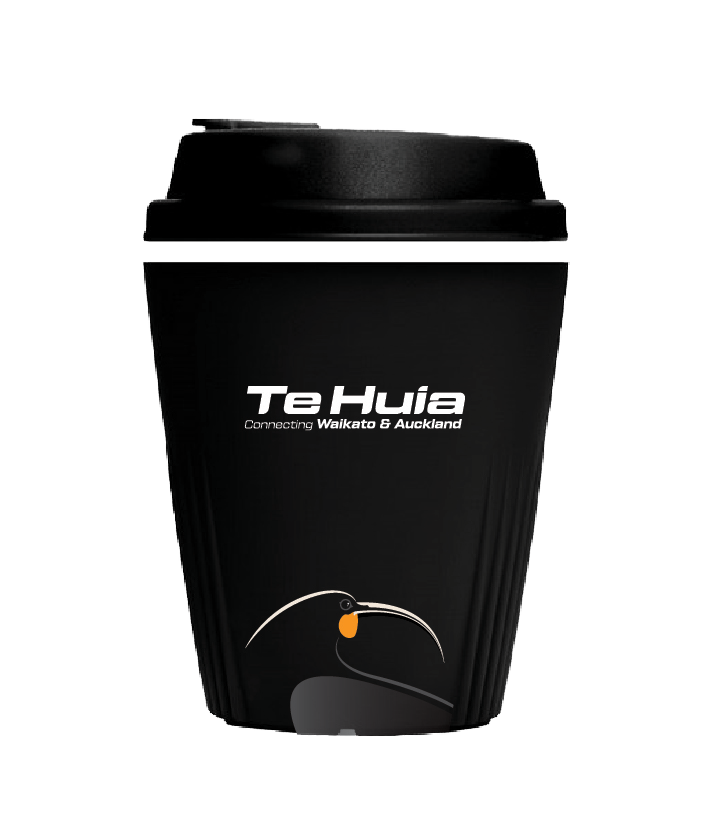 A photo of a black reusable cup with Te Huia on the front