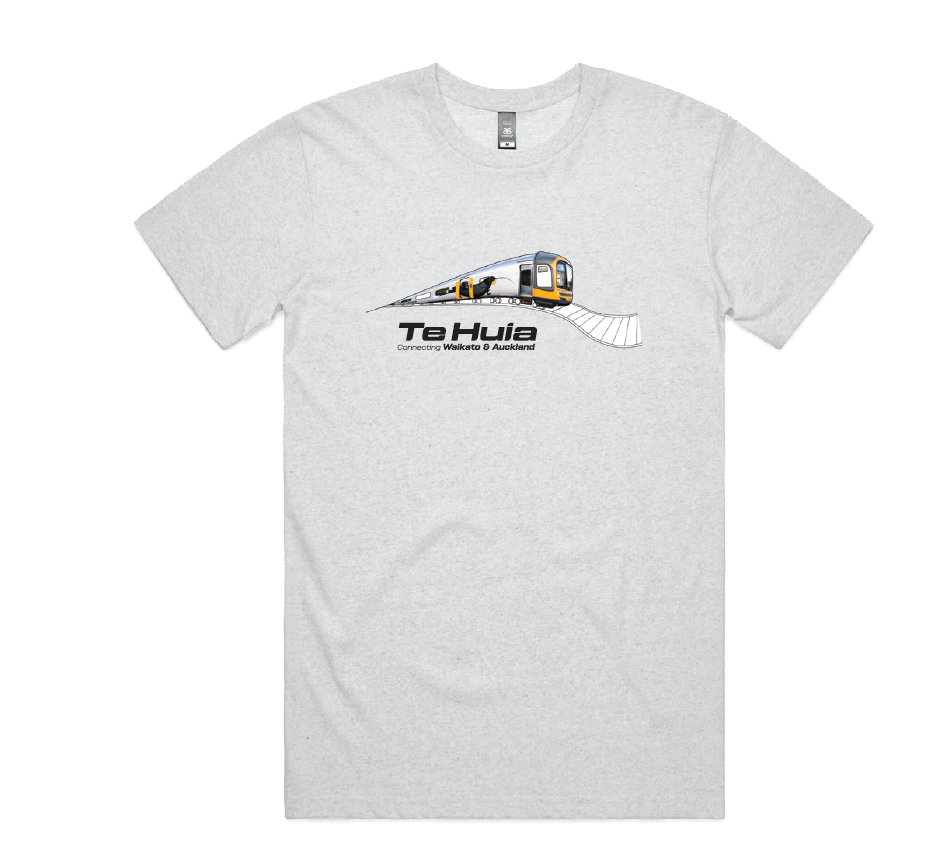 A photo of a grey shirt with a train on the front