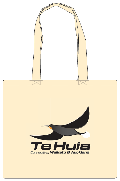 A photo of a cream tote bag with Te Huia on it and a picture of a black bird