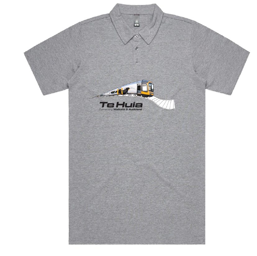 A photo of a grey polo shirt with a train on the front