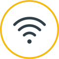 An icon of wifi signal bars surrounded by a yellow circular border